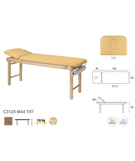 C-3125-M44 - Camilla fija madera altura fija 2 cuerpos respaldo corto con patas desmontables 62 X 188